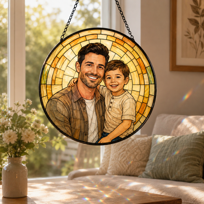 Custom Dad Papa Photo Stained Glass Suncatcher – Personalized Dad Gifts | Gift For Dad TOM99