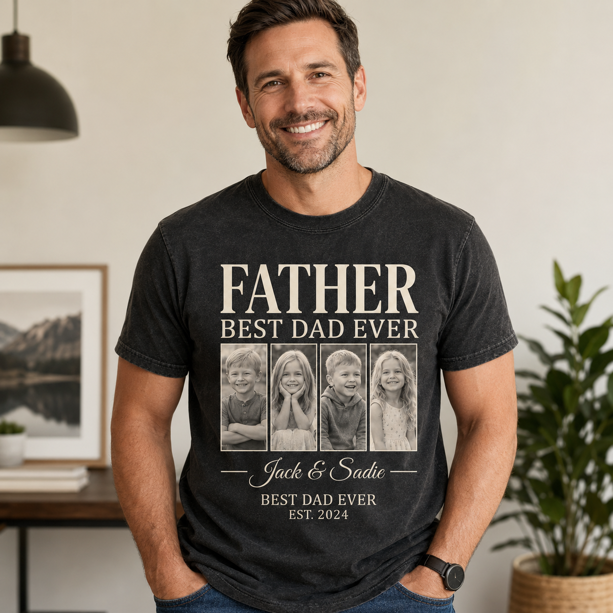 Custom Daddy & KIds Photo Wash T-Shirt, Personalized Dad Gifts | Gift For Dad TOM99