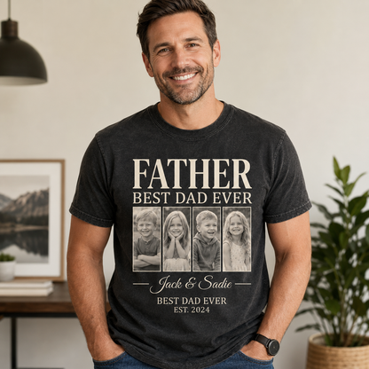 Custom Daddy & KIds Photo Wash T-Shirt, Personalized Dad Gifts | Gift For Dad TOM99