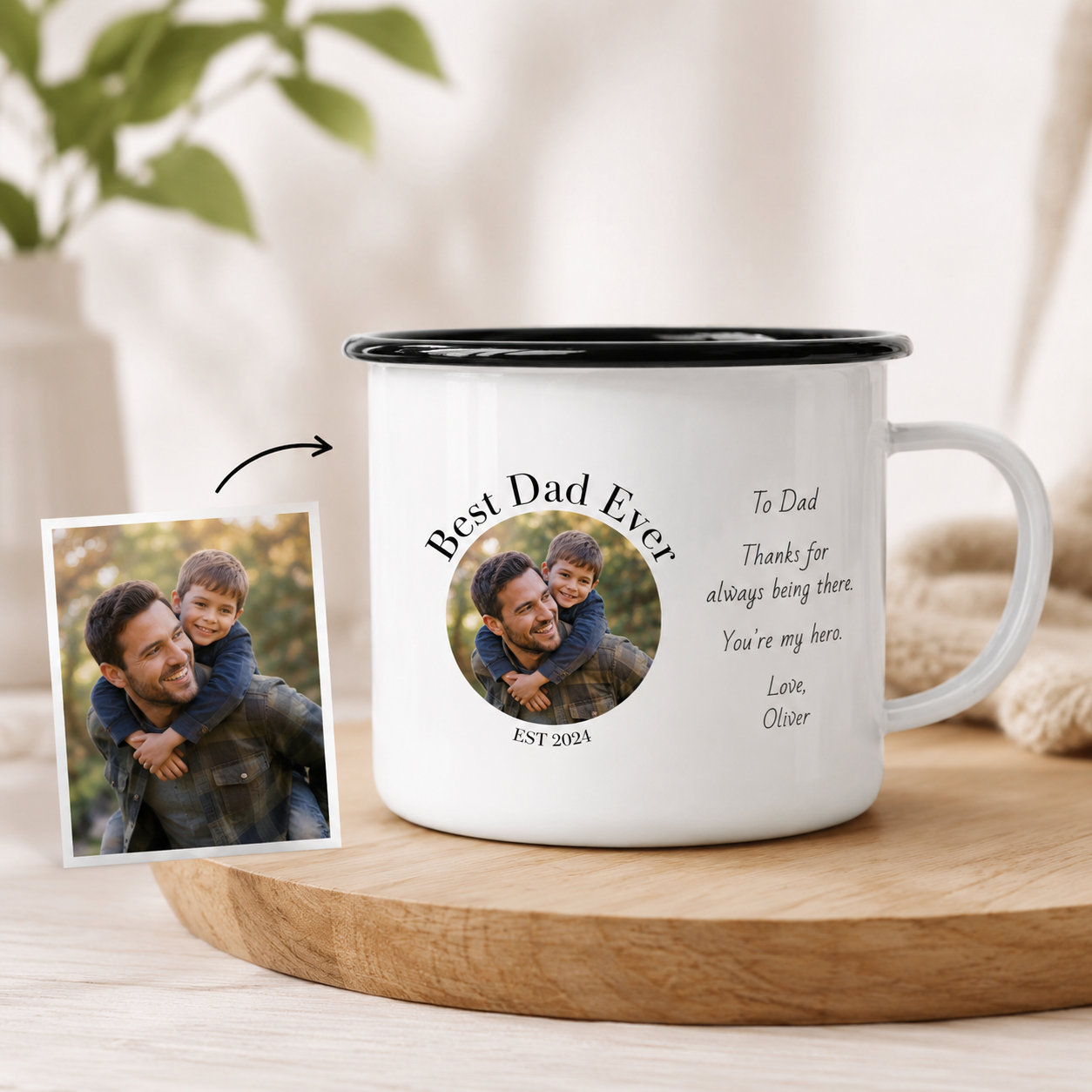 Personalized Best Dad Photo Camp Mug 12oz, Custom Dad Enamel Cup, Gift For Dad TOM99
