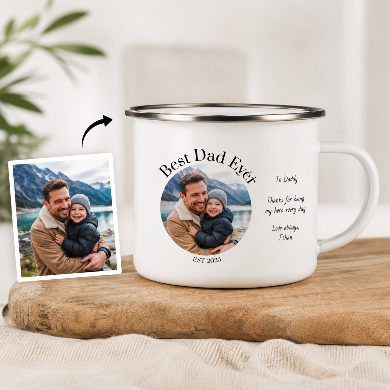 Personalized Best Dad Photo Camp Mug 12oz, Custom Dad Enamel Cup, Gift For Dad TOM99