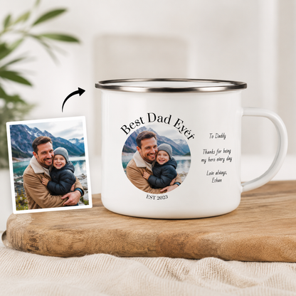 Personalized Best Dad Photo Camp Mug 12oz, Custom Dad Enamel Cup, Gift For Dad TOM99