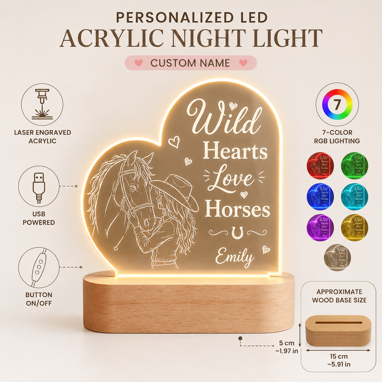 Custom Photo Love Horse Wooden Led Light | Personalized Horse Photo Wooden Led Light | Gift For Horse Lovers TOM99