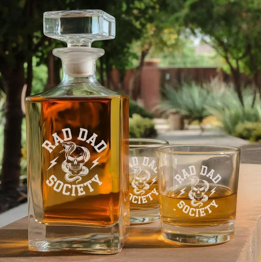 Personalized Rad Dad Society Whiskey Glass And Decanter Set | Gift For Dad | Father's Day Gift | Engraved Whiskey Glass and Decanter