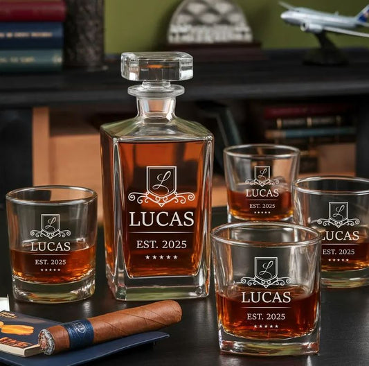 Custom Name And Year Whiskey Glass And Decanter Set
