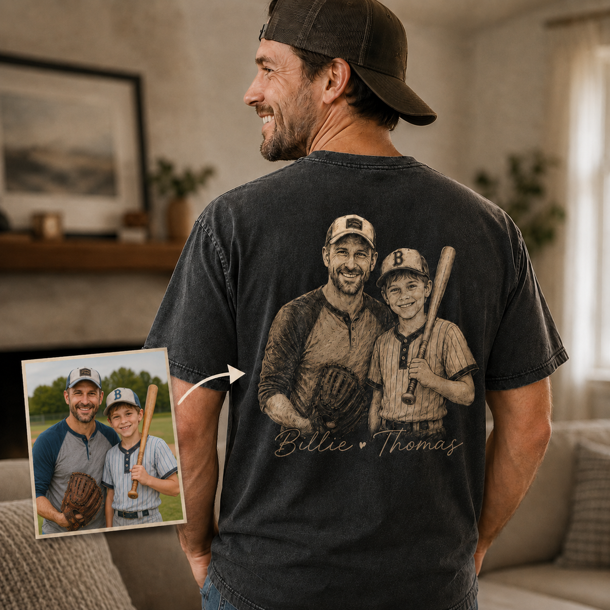 Custom Baseball Dad Photo Wash T-Shirt, Personalized Dad Gifts | Gift For Dad TOM99
