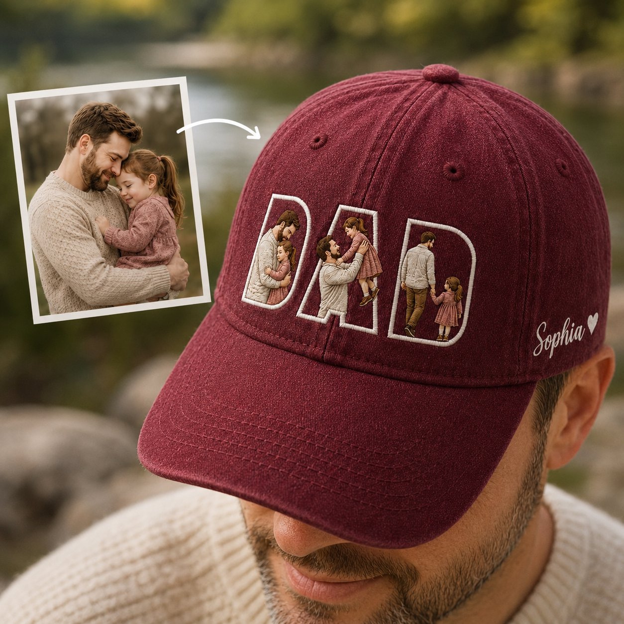 Custom Dad Love Photo Embroidered Hat, Personalized Cap, Custom Portrait Dad Hat, Father’s Day Gift TOM99