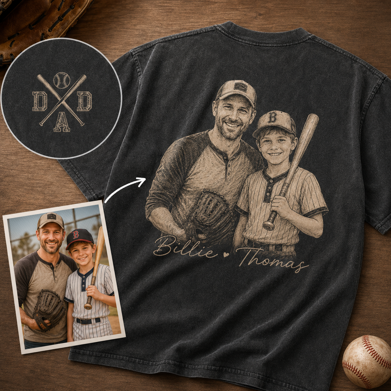 Custom Baseball Dad Photo Wash T-Shirt, Personalized Dad Gifts | Gift For Dad TOM99