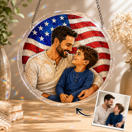 Custom America Dad Photo Stained Glass Suncatcher – Personalized Dad Gifts | Gift For Dad TOM99