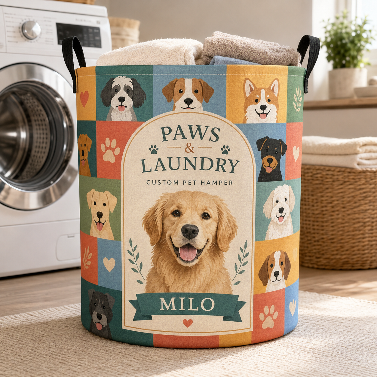 Custom Photo Dog Laundry Basket | Gift For Dog Lovers | Dog Bathroom Decor