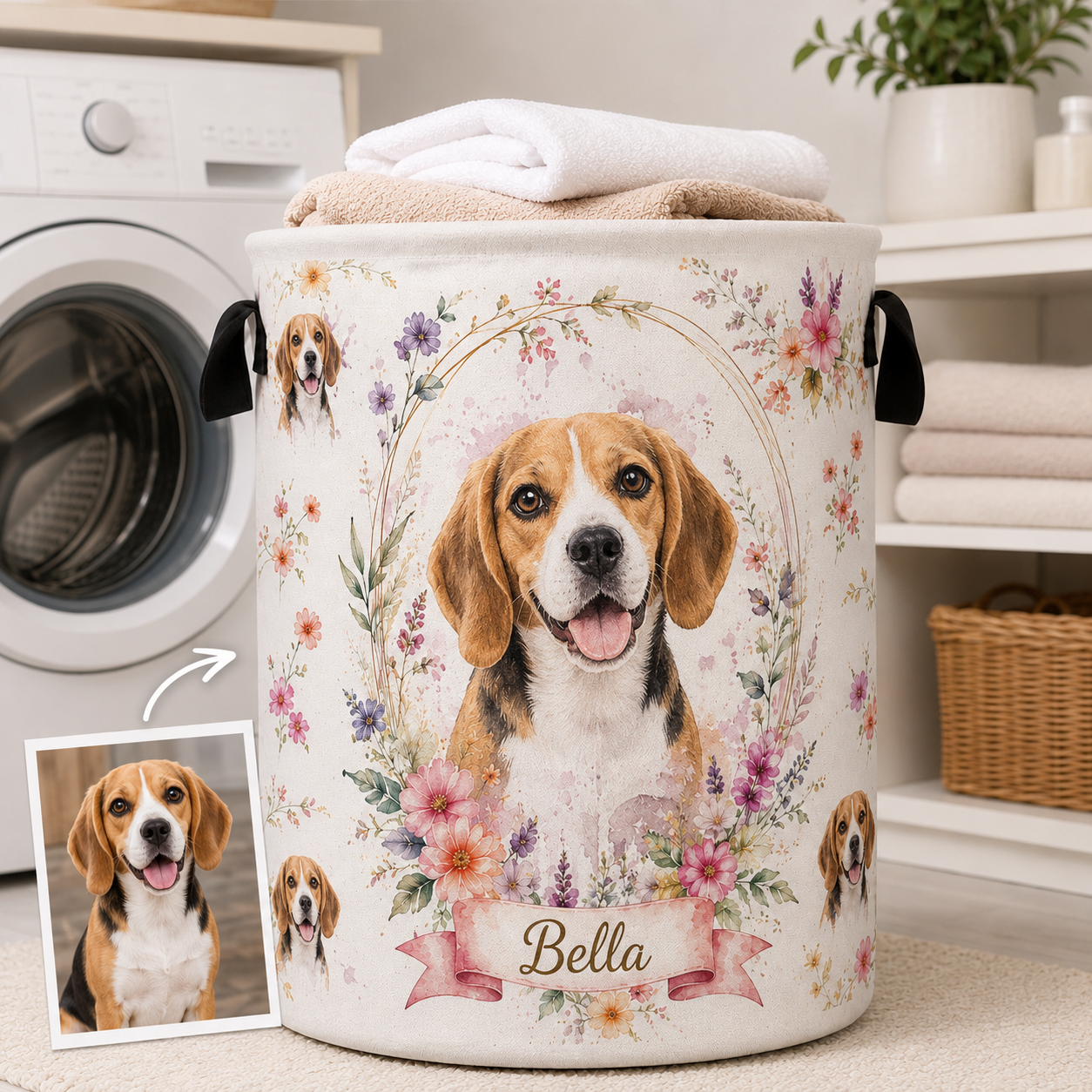 Custom Photo Dog Laundry Basket | Gift For Dog Lovers | Dog Bathroom Decor