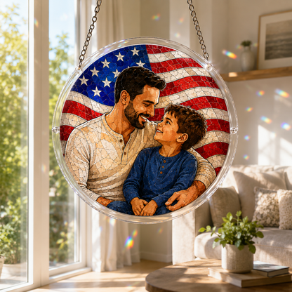 Custom America Dad Photo Stained Glass Suncatcher – Personalized Dad Gifts | Gift For Dad TOM99