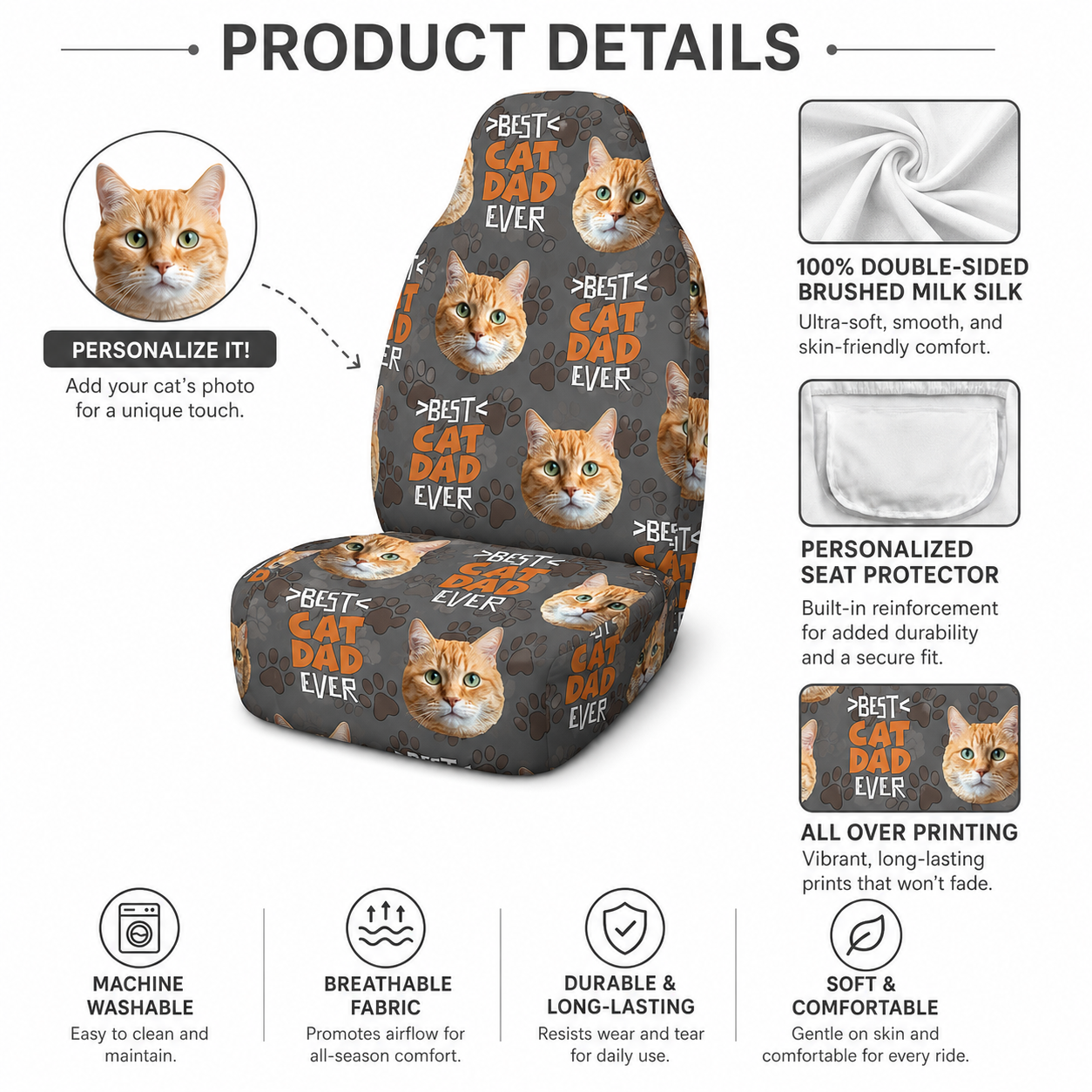 Personalized Cat Dad Car Portrait Car Seat Cover, Custom Dad Seat Protector, Gift For Dad TOM99