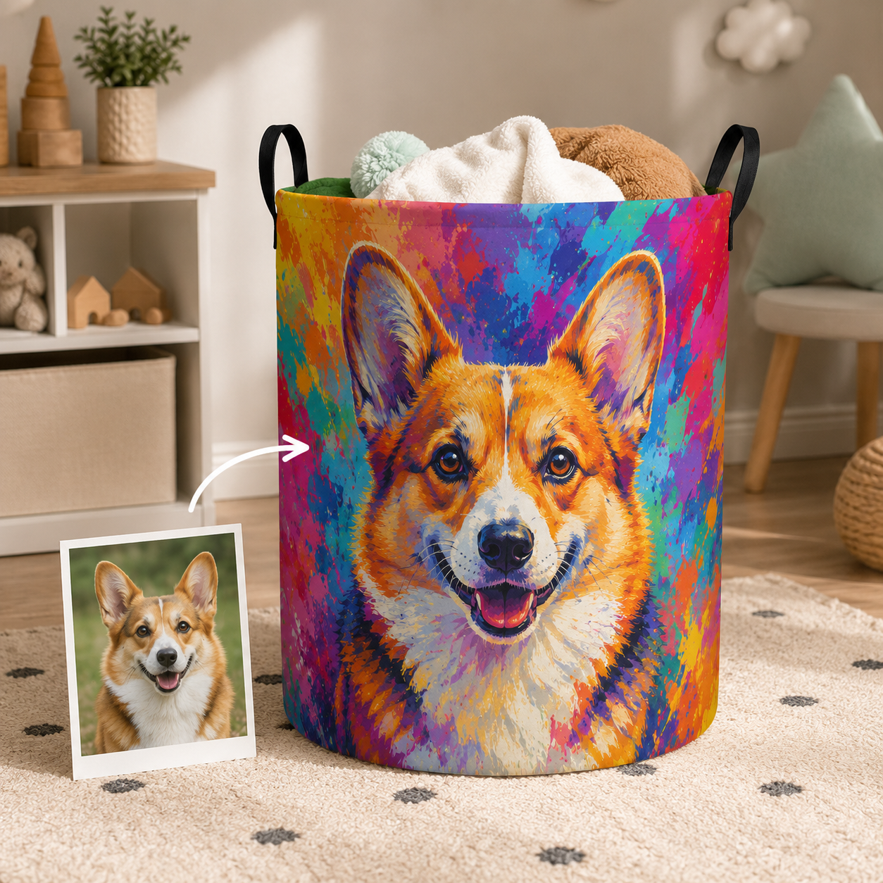 Custom Photo Dog Laundry Basket | Gift For Dog Lovers | Dog Bathroom Decor