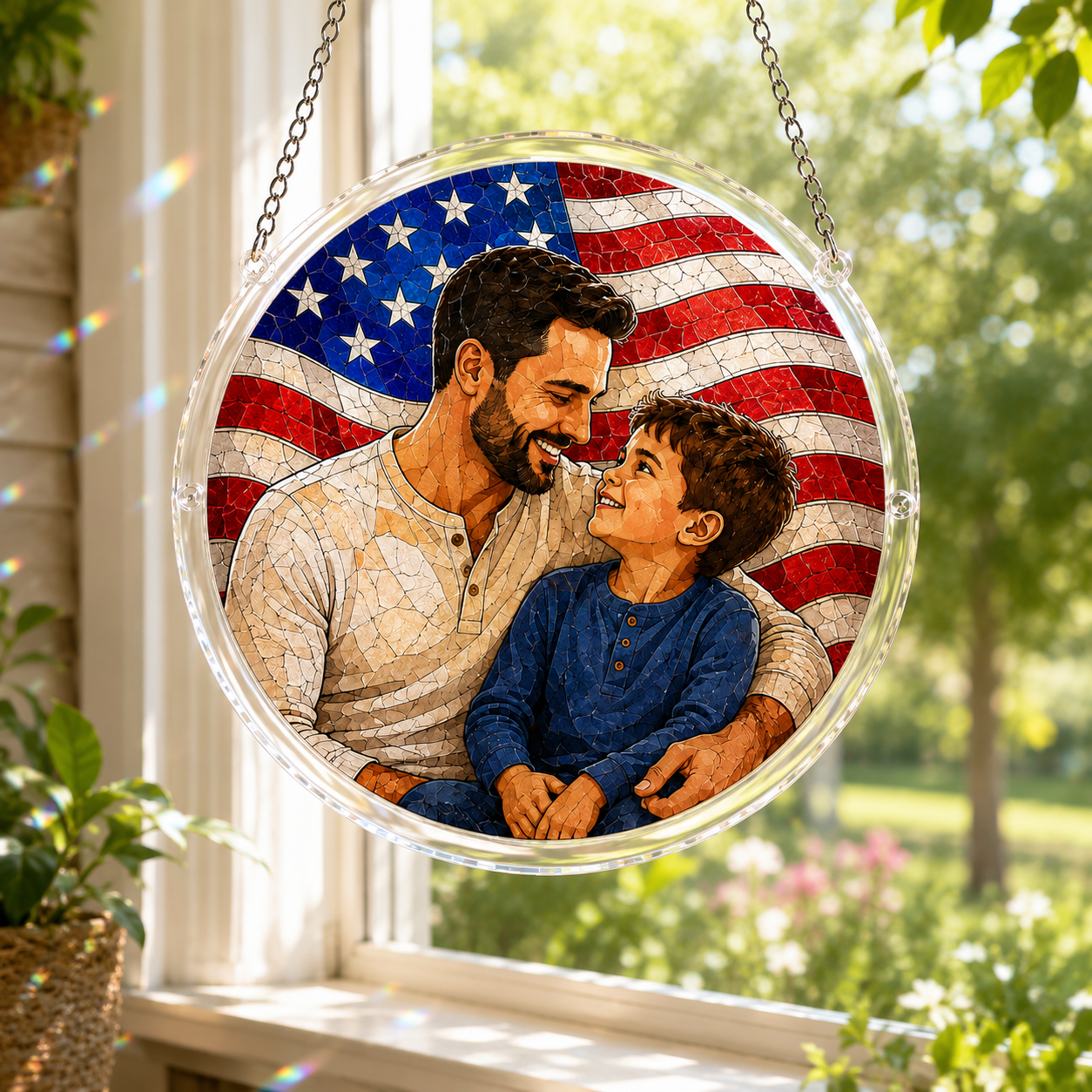 Custom America Dad Photo Stained Glass Suncatcher – Personalized Dad Gifts | Gift For Dad TOM99