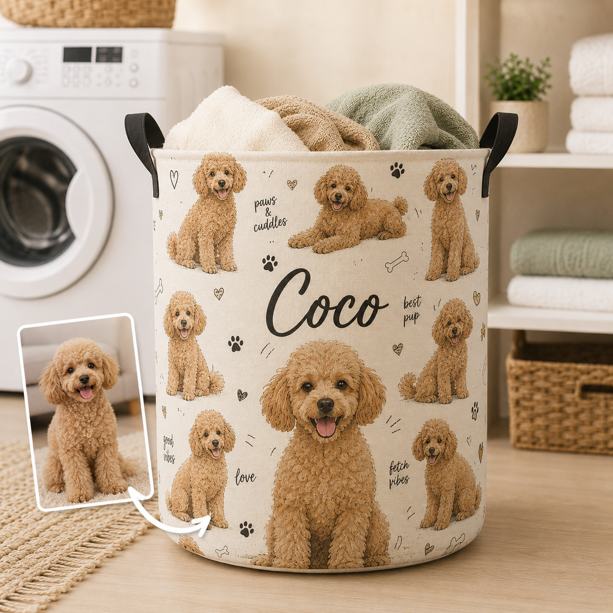 Custom Photo Dog Laundry Basket | Gift For Dog Lovers | Dog Bathroom Decor