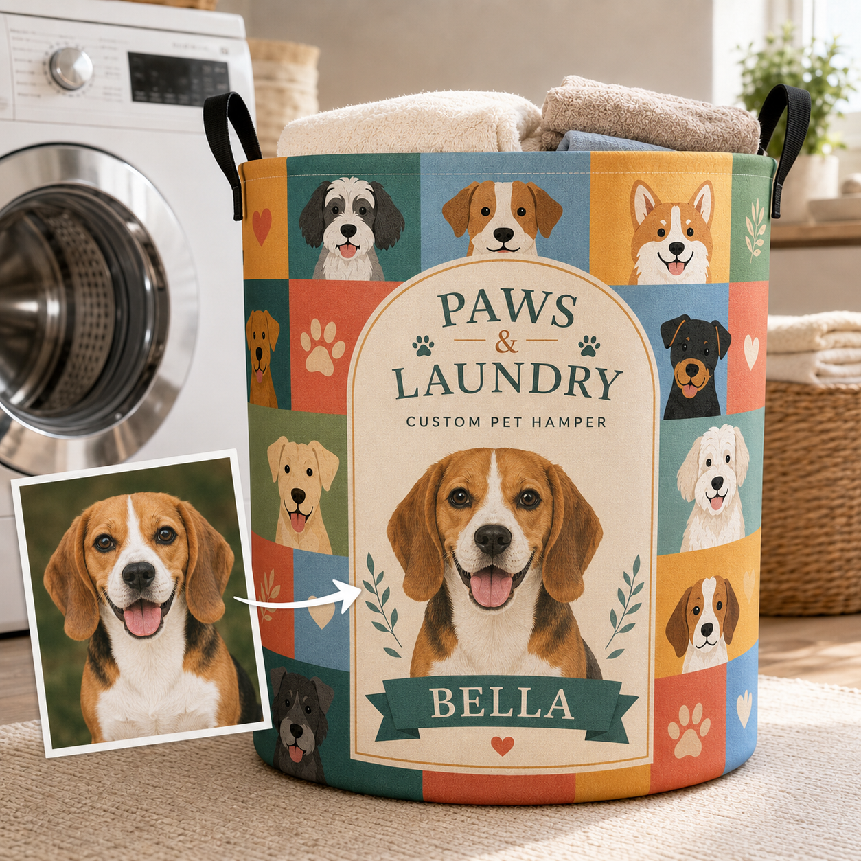Custom Photo Dog Laundry Basket | Gift For Dog Lovers | Dog Bathroom Decor