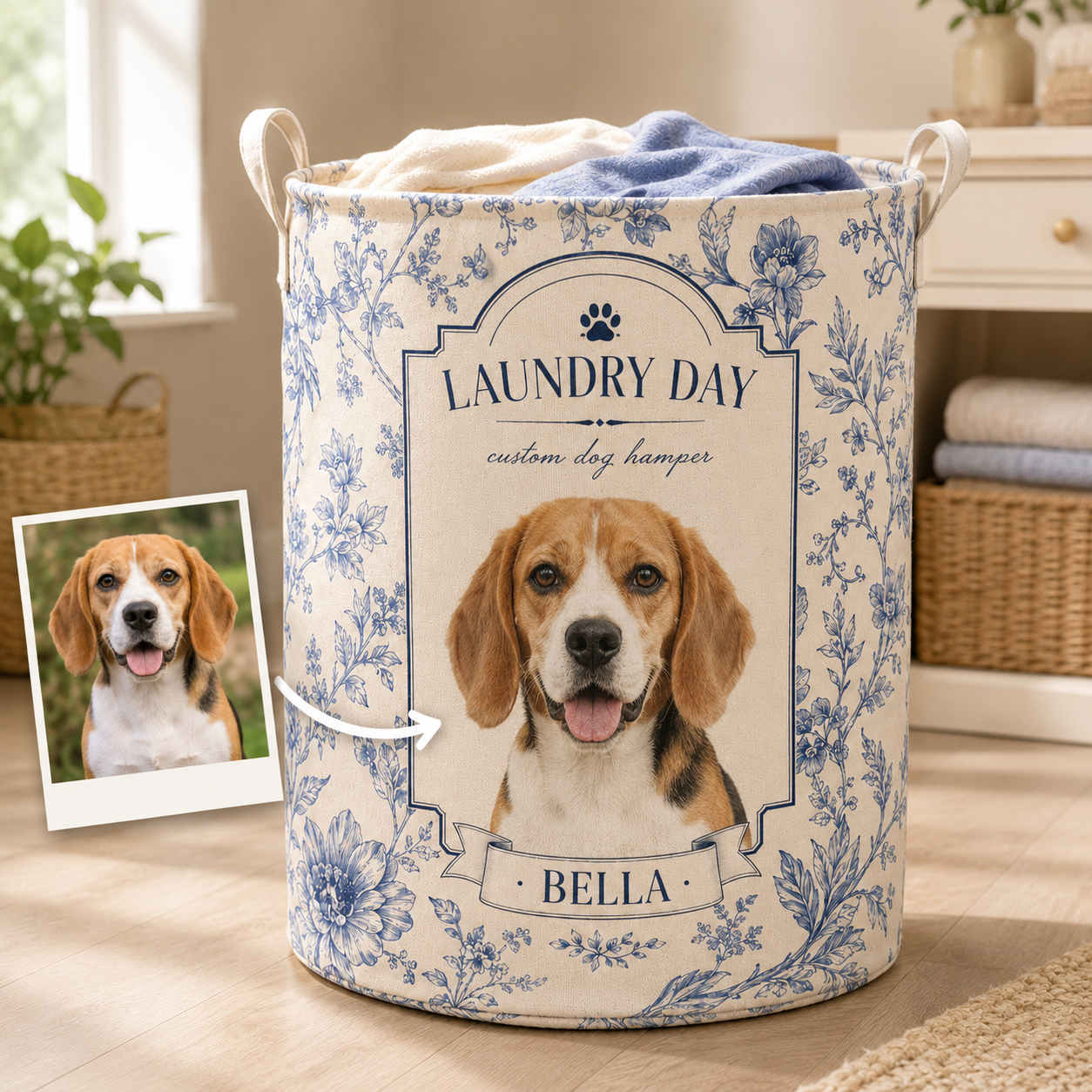 Custom Photo Dog Laundry Basket | Gift For Dog Lovers | Dog Bathroom Decor