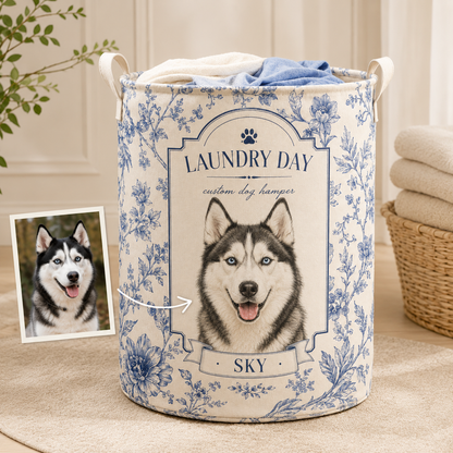 Custom Photo Dog Laundry Basket | Gift For Dog Lovers | Dog Bathroom Decor