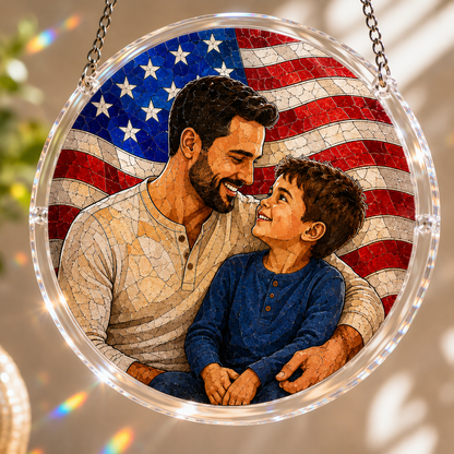 Custom America Dad Photo Stained Glass Suncatcher – Personalized Dad Gifts | Gift For Dad TOM99