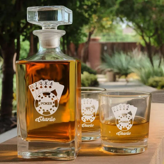 Personalized Casino Playing Cards Poker Whiskey Glass And Decanter Set | Custom Name For Poker Lover | Engraved Gift For Friend