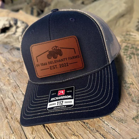 Custom Leather Patch Farm Name Hat | Custom Farm Name And Est Year Trucker Hat | Farmer Gifts