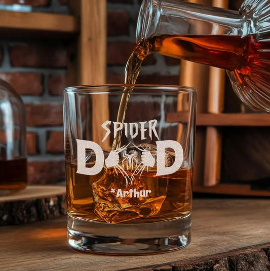 Personalized Spider Dad Whiskey Glass | The Best Father's Day Gift Ideas | Engraved Whiskey Glass