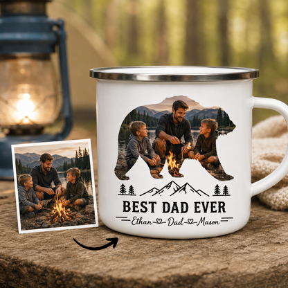 Personalized Papa Bear Photo Camp Mug 12oz, Custom Dad Enamel Cup, Gift For Dad TOM99