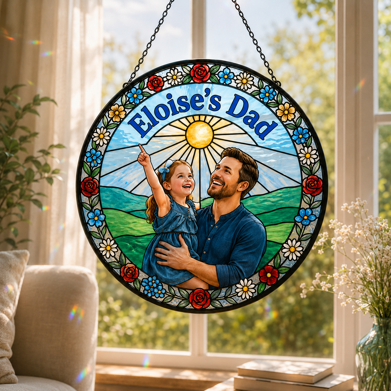 Custom Dad & Daughter Photo Stained Glass Suncatcher – Personalized Dad Gifts | Gift For Dad TOM99