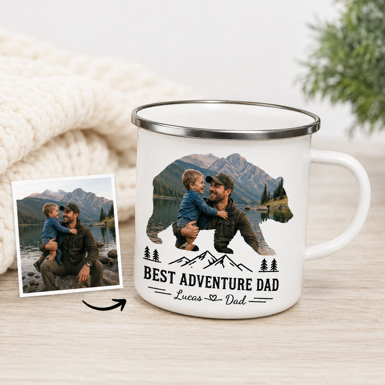 Personalized Papa Bear Photo Camp Mug 12oz, Custom Dad Enamel Cup, Gift For Dad TOM99
