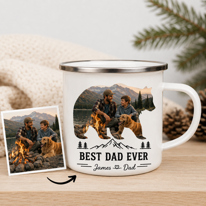 Personalized Papa Bear Photo Camp Mug 12oz, Custom Dad Enamel Cup, Gift For Dad TOM99
