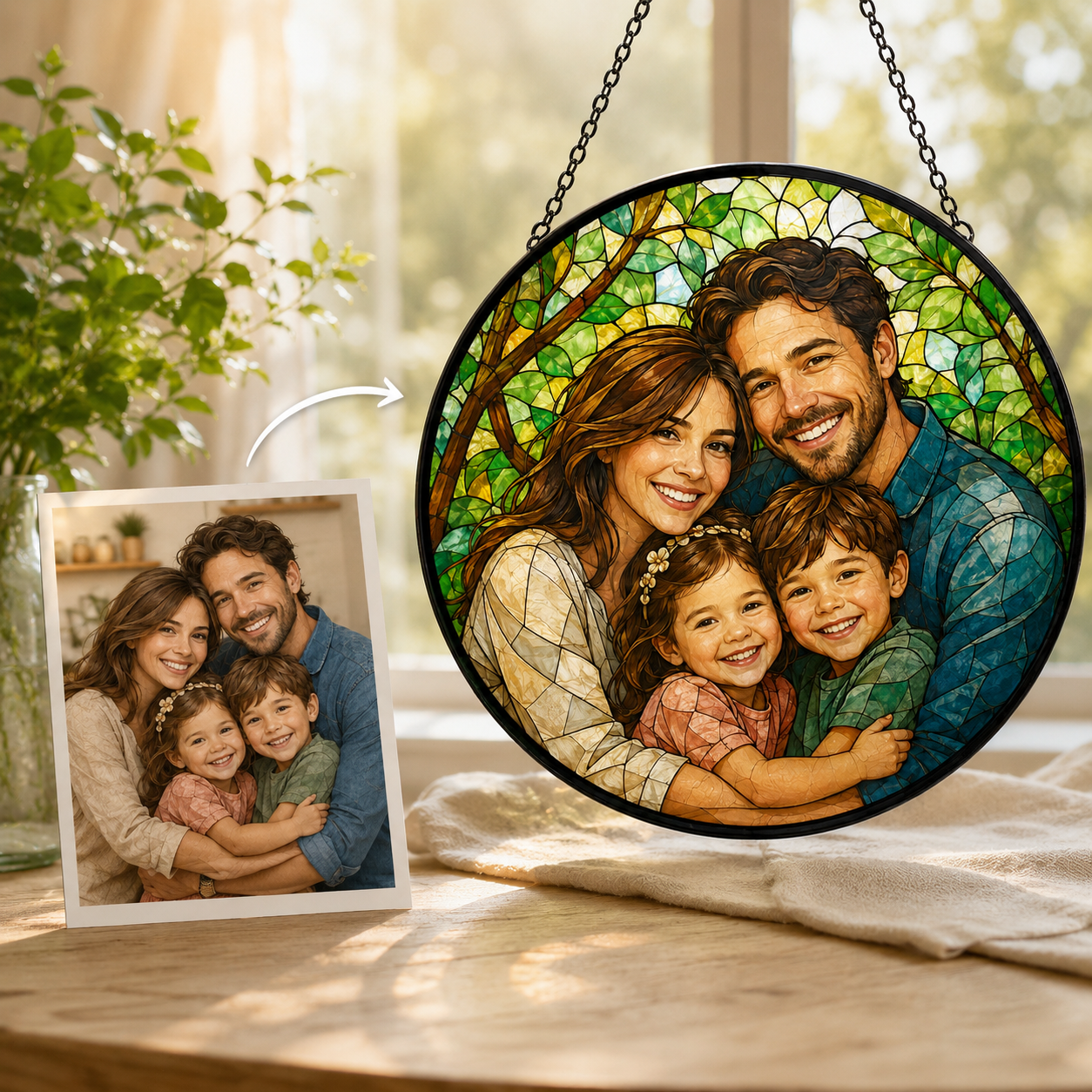Custom Dad With Family Photo Stained Glass Suncatcher – Personalized Dad Gifts | Gift For Dad TOM99