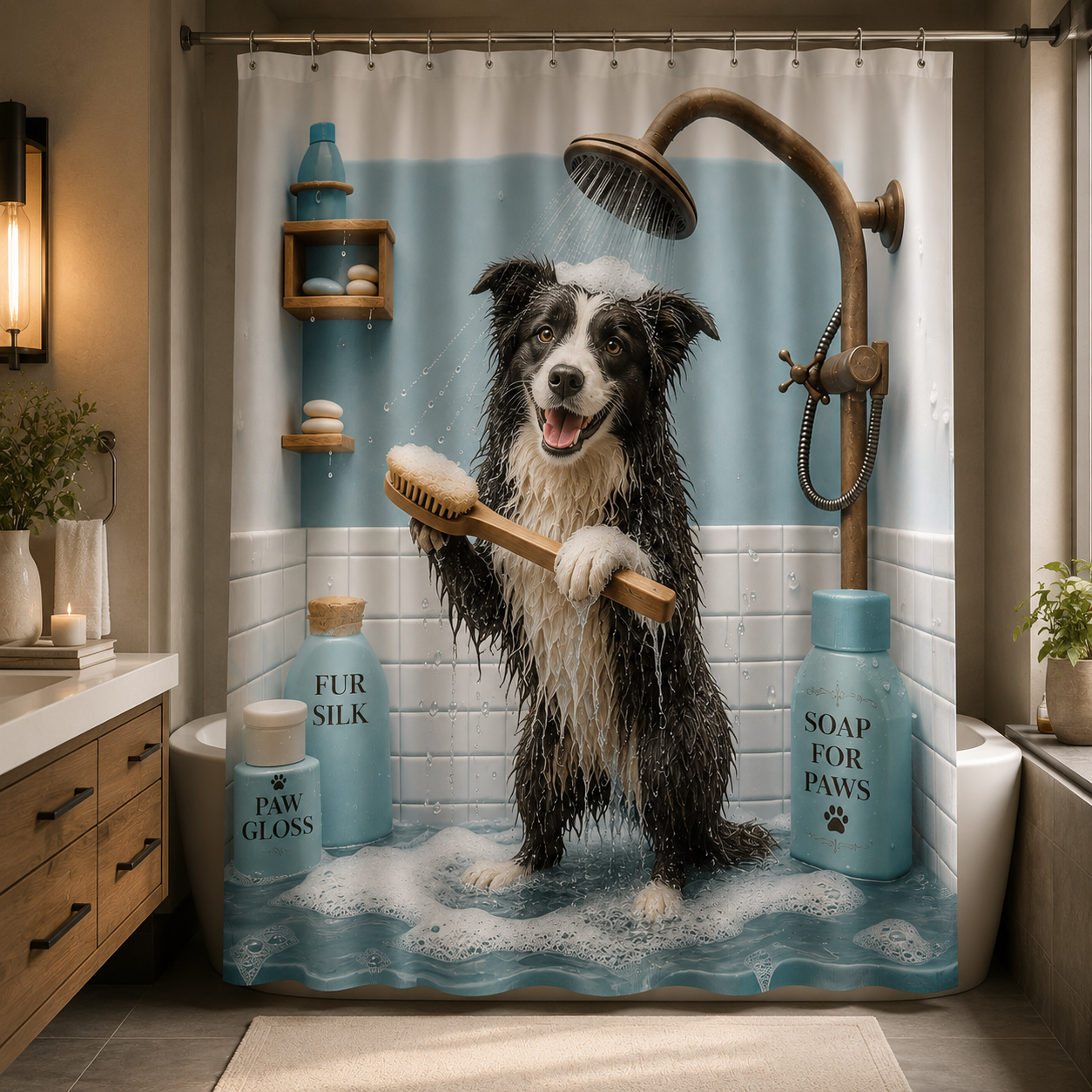 Custom Photo Dog Take Shower Shower Curtain | Gift For Dog Lovers