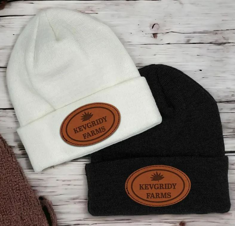 Custom Farm Name Beanie Gifts | Personalized Winter Hats with Leather Patch | Farmer Gifts