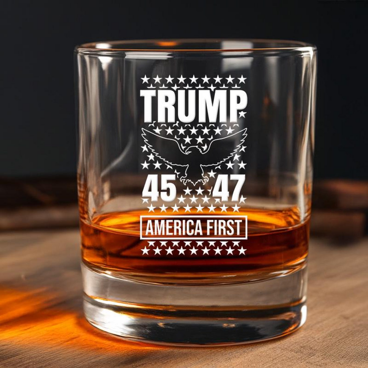 Trump 45/47 Whiskey Glass | "America First" Engraved Whiskey Glass