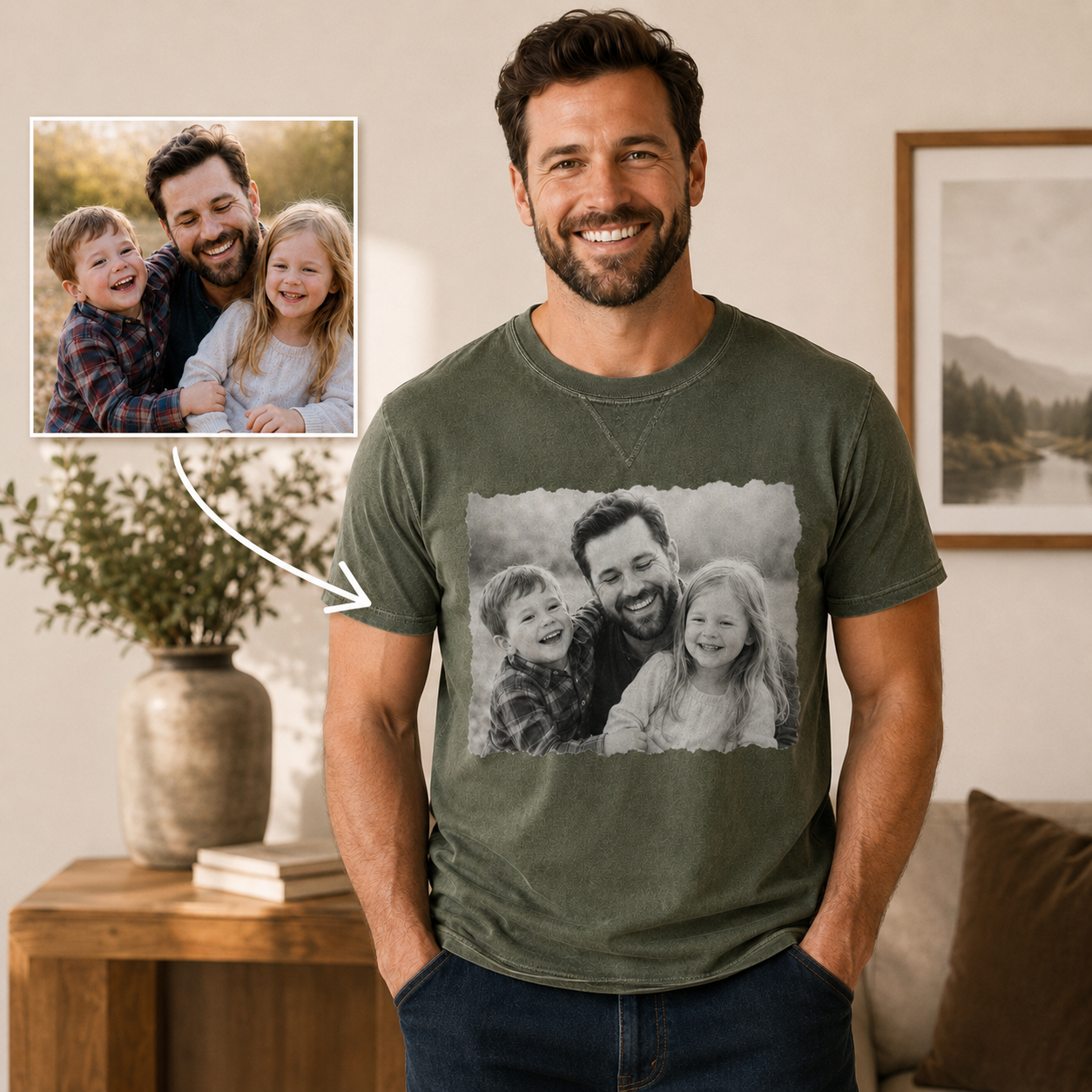 Custom Kids & Dad Photo Wash T-Shirt, Personalized Dad Gifts | Gift For Dad TOM99