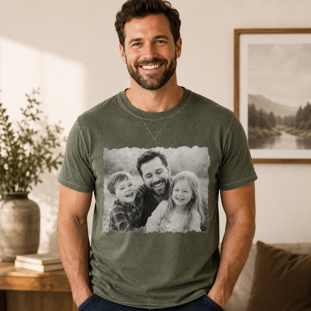 Custom Kids & Dad Photo Wash T-Shirt, Personalized Dad Gifts | Gift For Dad TOM99