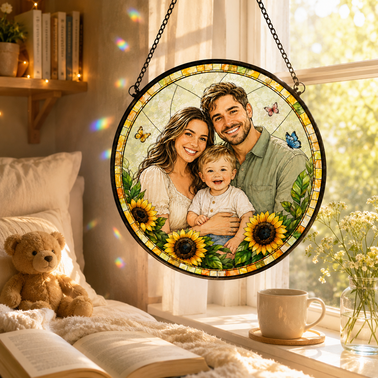 Custom Family Dad Photo Stained Glass Suncatcher – Personalized Dad Gifts | Gift For Dad TOM99